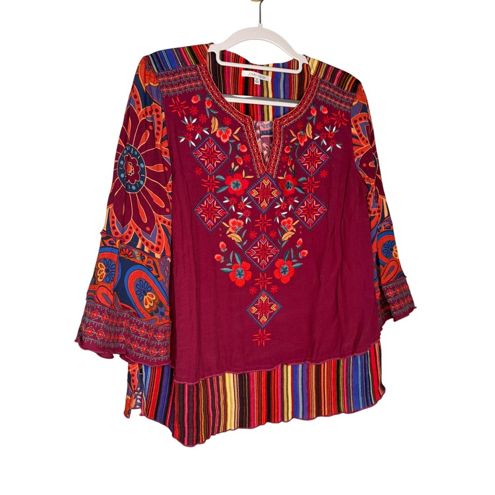 John Mark Boho Embroidered Floral Paisley Stripe Bell Sleeve Blouse Wine Small